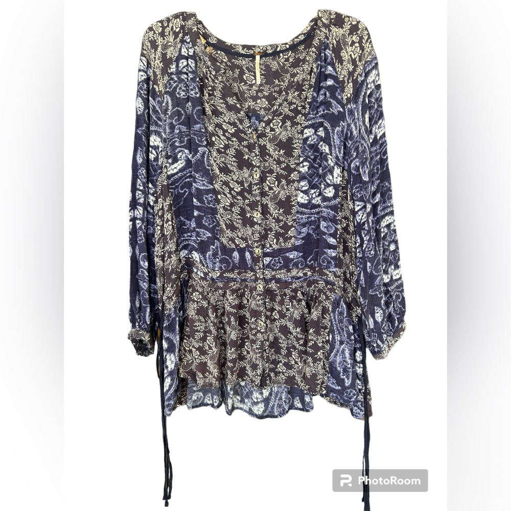 free people ratio print tunic indigo blue ties top